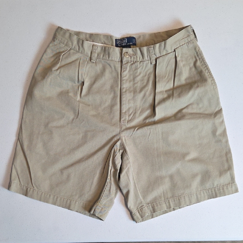 Polo by Ralph Lauren Vintage Men Tan Khaki Pleated Tyler Chino Shorts Size 34
